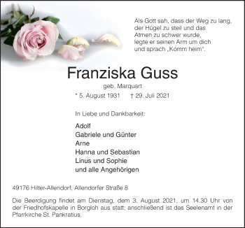 Traueranzeige von Franziska Guss von Neue Osnabrücker Zeitung GmbH & Co. KG