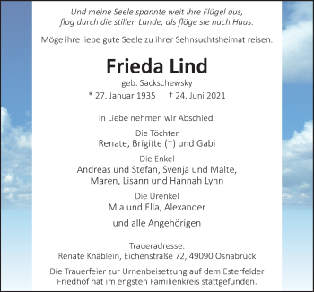 Traueranzeige von Frieda Lind von Neue Osnabrücker Zeitung GmbH & Co. KG