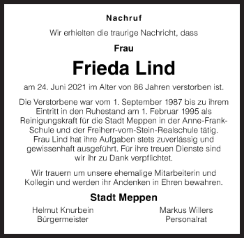 Traueranzeige von Frieda Lind von Neue Osnabrücker Zeitung GmbH & Co. KG