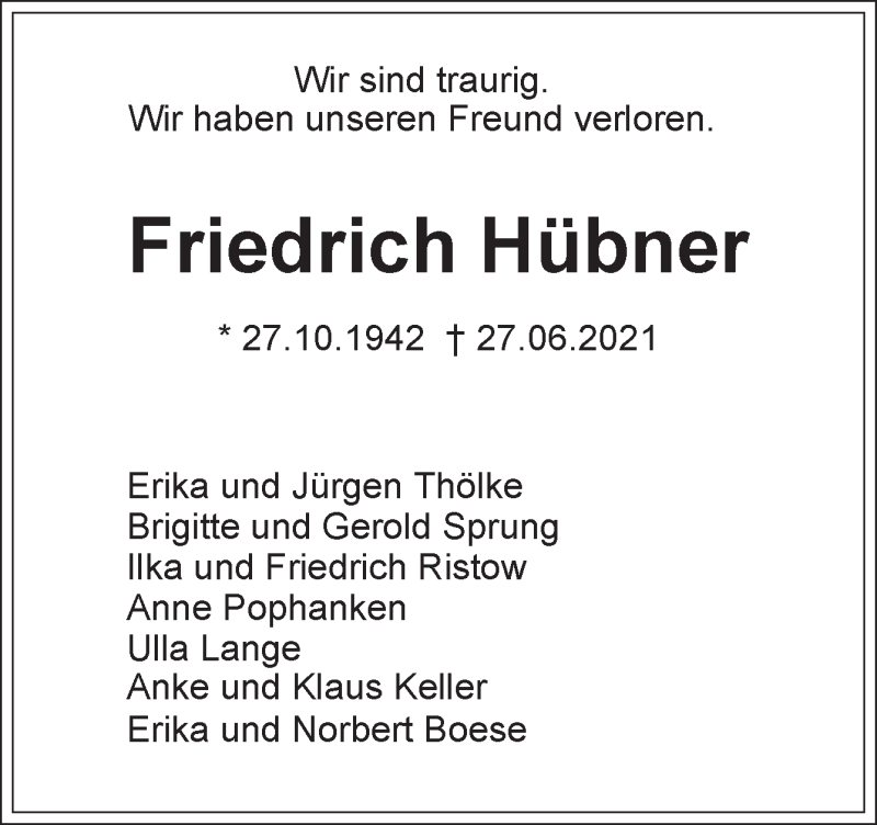  Traueranzeige für Friedrich Hübner vom 03.07.2021 aus Neue Osnabrücker Zeitung GmbH & Co. KG