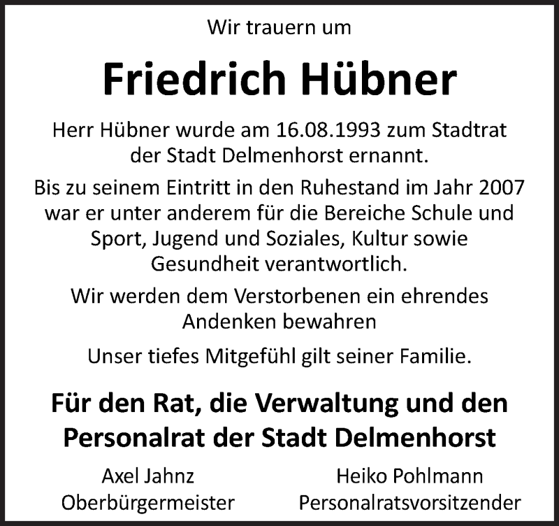  Traueranzeige für Friedrich Hübner vom 06.07.2021 aus Neue Osnabrücker Zeitung GmbH & Co. KG
