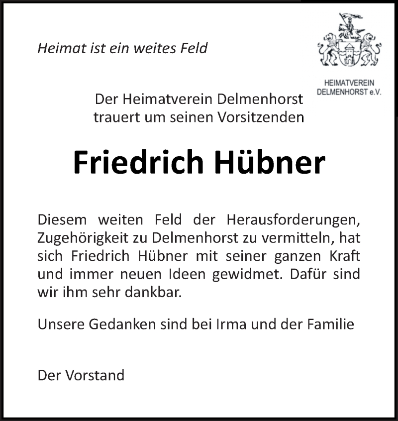  Traueranzeige für Friedrich Hübner vom 03.07.2021 aus Neue Osnabrücker Zeitung GmbH & Co. KG