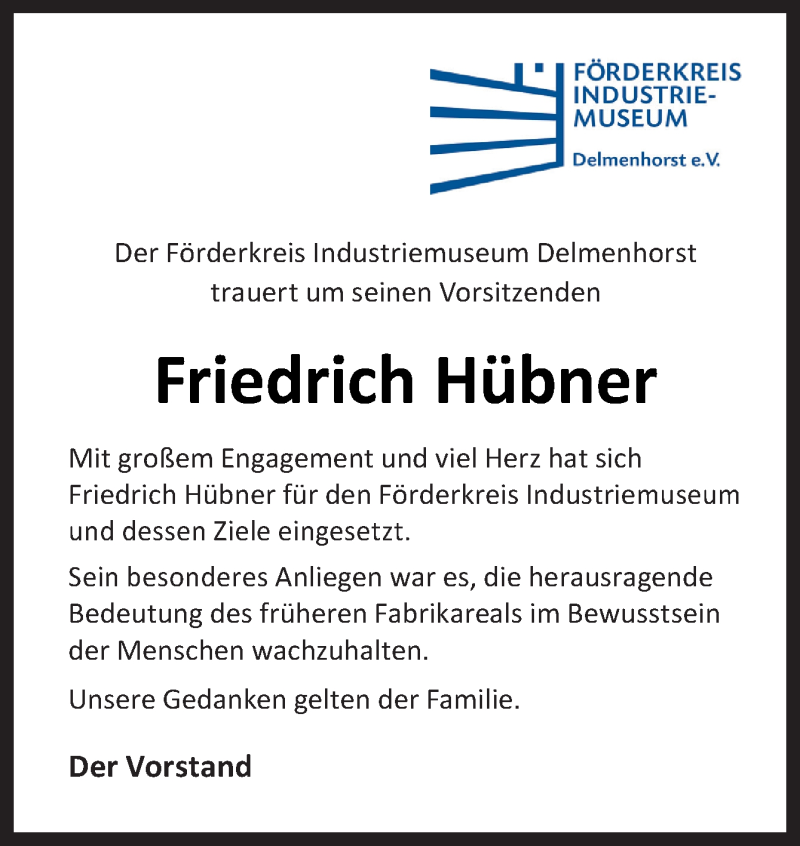  Traueranzeige für Friedrich Hübner vom 03.07.2021 aus Neue Osnabrücker Zeitung GmbH & Co. KG