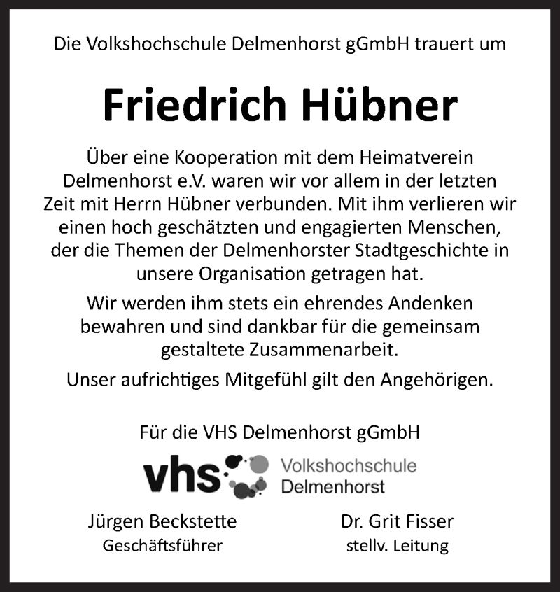  Traueranzeige für Friedrich Hübner vom 03.07.2021 aus Neue Osnabrücker Zeitung GmbH & Co. KG