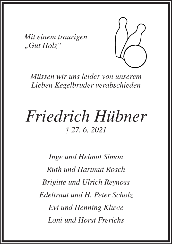 Traueranzeige für Friedrich Hübner vom 03.07.2021 aus Neue Osnabrücker Zeitung GmbH & Co. KG