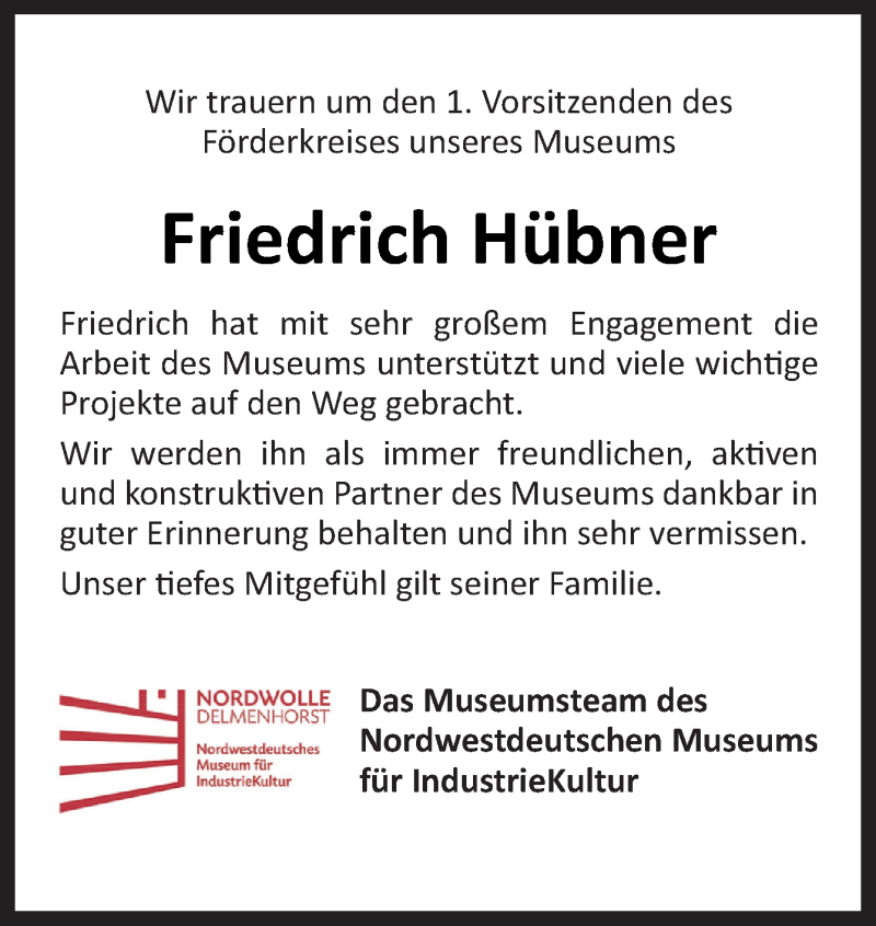  Traueranzeige für Friedrich Hübner vom 03.07.2021 aus Neue Osnabrücker Zeitung GmbH & Co. KG
