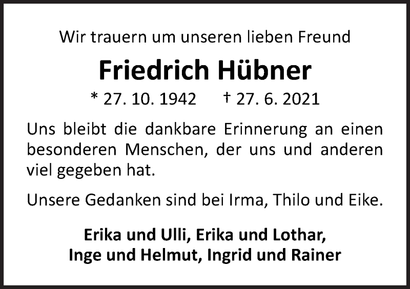  Traueranzeige für Friedrich Hübner vom 03.07.2021 aus Neue Osnabrücker Zeitung GmbH & Co. KG