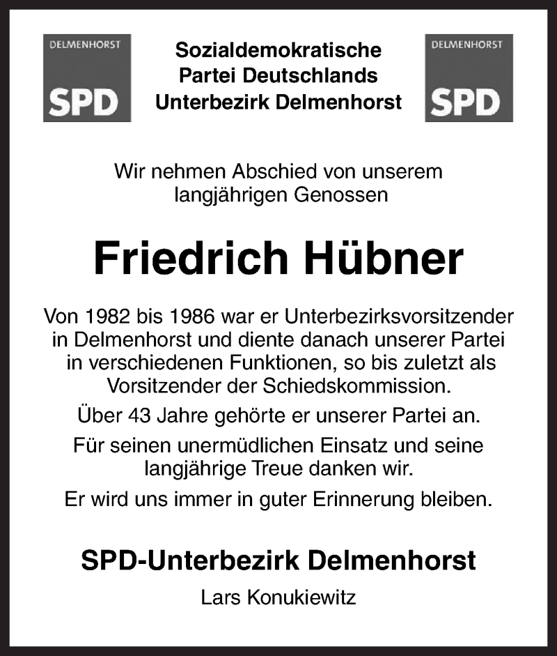  Traueranzeige für Friedrich Hübner vom 03.07.2021 aus Neue Osnabrücker Zeitung GmbH & Co. KG