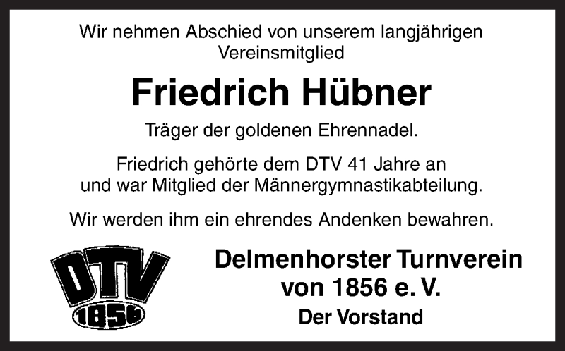  Traueranzeige für Friedrich Hübner vom 03.07.2021 aus Neue Osnabrücker Zeitung GmbH & Co. KG