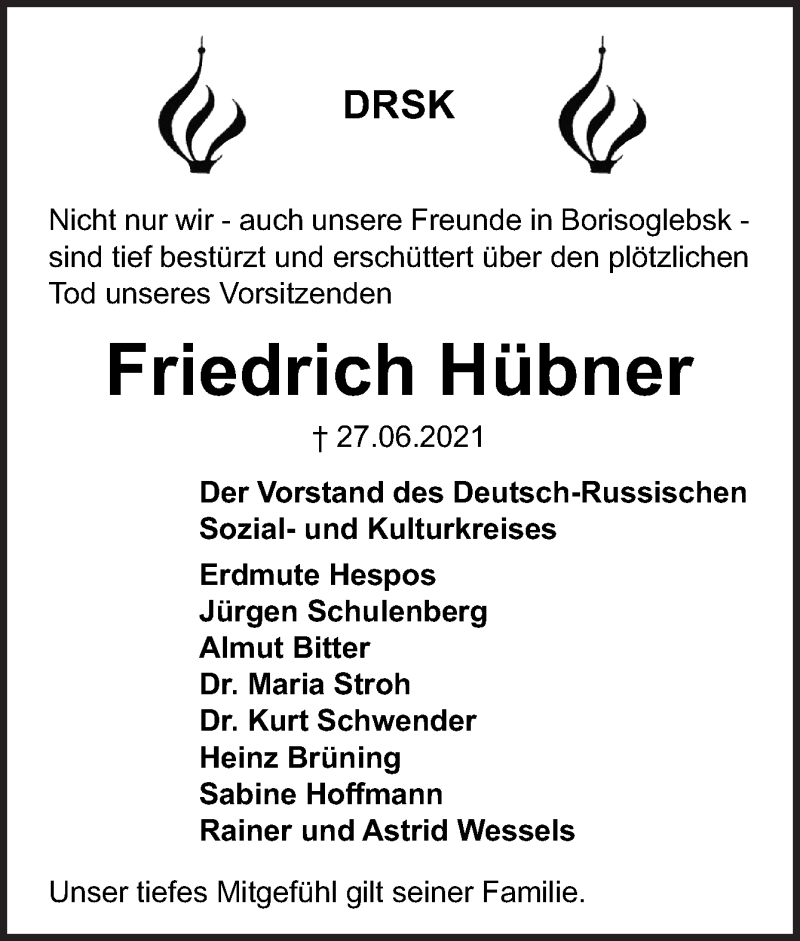  Traueranzeige für Friedrich Hübner vom 03.07.2021 aus Neue Osnabrücker Zeitung GmbH & Co. KG