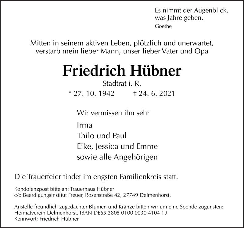  Traueranzeige für Friedrich Hübner vom 03.07.2021 aus Neue Osnabrücker Zeitung GmbH & Co. KG
