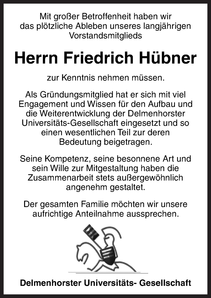 Traueranzeige für Friedrich Hübner vom 03.07.2021 aus Neue Osnabrücker Zeitung GmbH & Co. KG