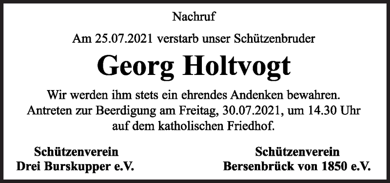  Traueranzeige für Georg Holtvogt vom 30.07.2021 aus Neue Osnabrücker Zeitung GmbH & Co. KG