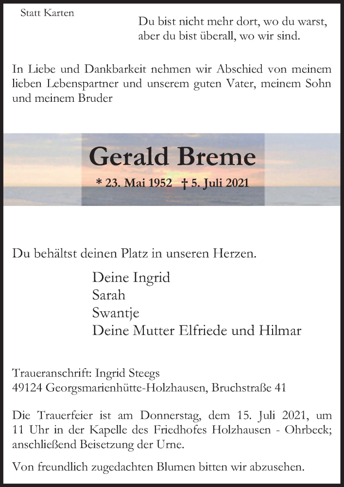  Traueranzeige für Gerald Breme vom 12.07.2021 aus Neue Osnabrücker Zeitung GmbH & Co. KG