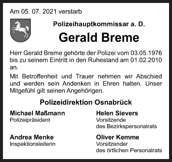 Traueranzeige von Gerald Breme von Neue Osnabrücker Zeitung GmbH & Co. KG