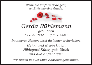 Traueranzeige von Gerda Rühlemann von Neue Osnabrücker Zeitung GmbH & Co. KG