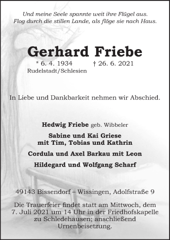 Traueranzeige von Gerhard Friebe von Neue Osnabrücker Zeitung GmbH & Co. KG