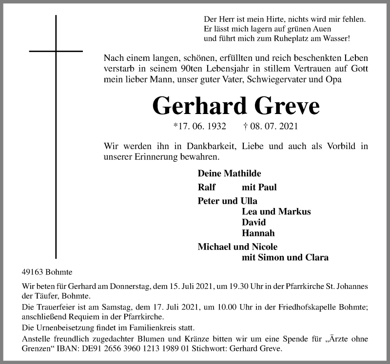  Traueranzeige für Gerhard Greve vom 15.07.2021 aus Neue Osnabrücker Zeitung GmbH & Co. KG