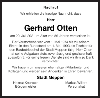 Traueranzeige von Gerhard Otten von Neue Osnabrücker Zeitung GmbH & Co. KG