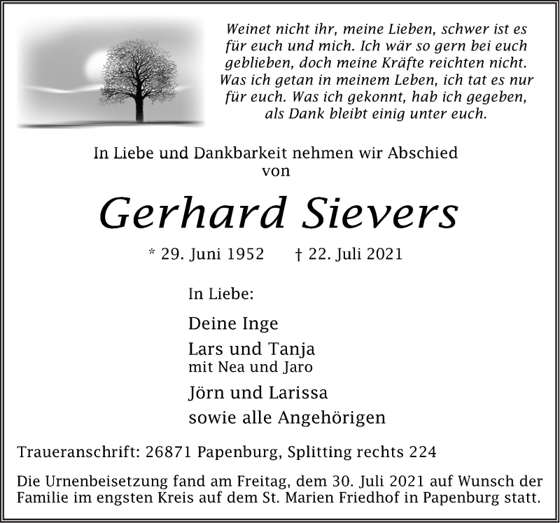  Traueranzeige für Gerhard Sievers vom 31.07.2021 aus Neue Osnabrücker Zeitung GmbH & Co. KG