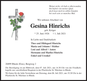 Traueranzeige von Gesina Hinrichs von Neue Osnabrücker Zeitung GmbH & Co. KG