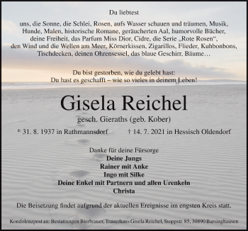 Traueranzeige von Gisela Reichel von Neue Osnabrücker Zeitung GmbH & Co. KG