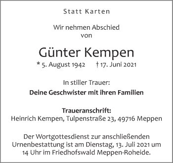 Traueranzeige von Günter Kempen von Neue Osnabrücker Zeitung GmbH & Co. KG