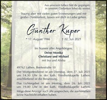 Traueranzeige von Günther Kuper von Neue Osnabrücker Zeitung GmbH & Co. KG