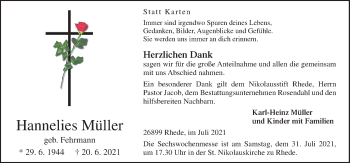 Traueranzeige von Hannelies Müller von Neue Osnabrücker Zeitung GmbH & Co. KG