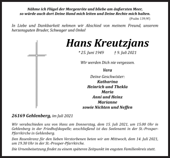 Traueranzeige von Hans Kreutzjans von Neue Osnabrücker Zeitung GmbH & Co. KG