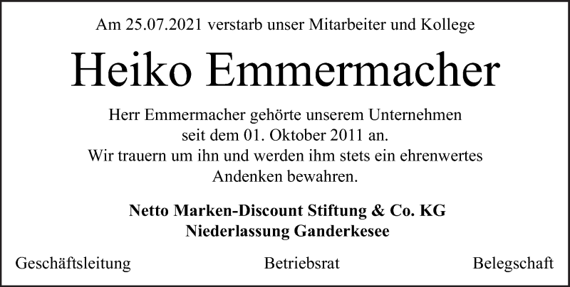  Traueranzeige für Heiko Emmermacher vom 30.07.2021 aus Neue Osnabrücker Zeitung GmbH & Co. KG