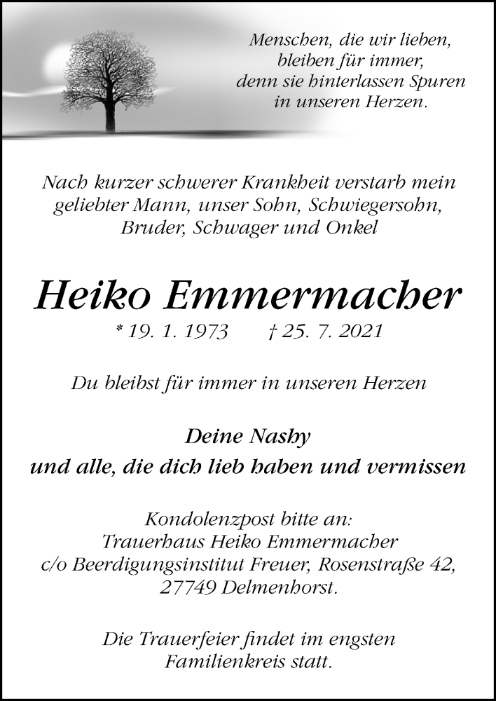  Traueranzeige für Heiko Emmermacher vom 29.07.2021 aus Neue Osnabrücker Zeitung GmbH & Co. KG