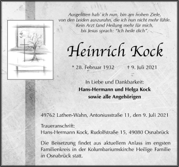 Traueranzeige von Heinrich Kock von Neue Osnabrücker Zeitung GmbH & Co. KG