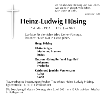 Traueranzeige von Heinz-Ludwig Hüsing von Neue Osnabrücker Zeitung GmbH & Co. KG