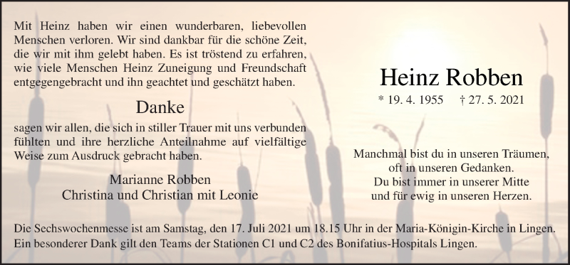  Traueranzeige für Heinz Robben vom 14.07.2021 aus Neue Osnabrücker Zeitung GmbH & Co. KG