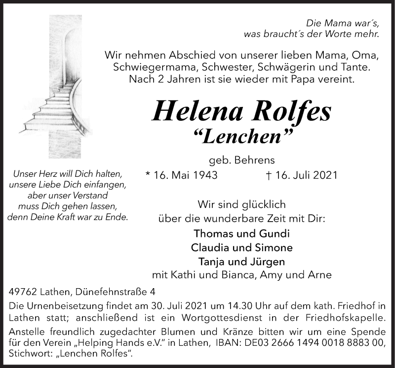  Traueranzeige für Helena Rolfes vom 24.07.2021 aus Neue Osnabrücker Zeitung GmbH & Co. KG