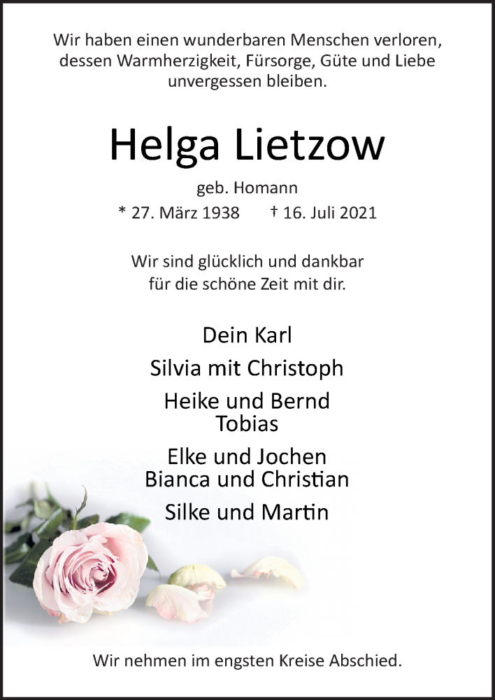  Traueranzeige für Helga Lietzow vom 21.07.2021 aus Neue Osnabrücker Zeitung GmbH & Co. KG