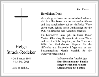 Traueranzeige von Helga Strack-Redeker von Neue Osnabrücker Zeitung GmbH & Co. KG