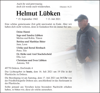 Traueranzeige von Helmut Lübken von Neue Osnabrücker Zeitung GmbH & Co. KG