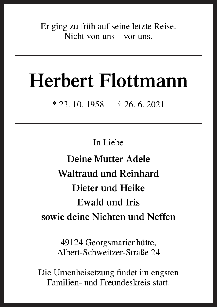  Traueranzeige für Herbert Flottmann vom 03.07.2021 aus Neue Osnabrücker Zeitung GmbH & Co. KG