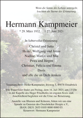 Traueranzeige von Hermann Kampmeier von Neue Osnabrücker Zeitung GmbH & Co. KG