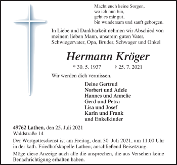 Traueranzeige von Hermann Kröger von Neue Osnabrücker Zeitung GmbH & Co. KG