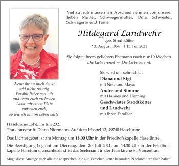 Traueranzeige von Hildegard Landwehr von Neue Osnabrücker Zeitung GmbH & Co. KG