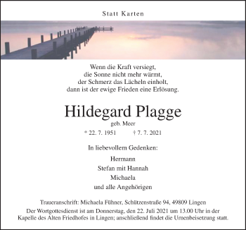 Traueranzeige von Hildegard Plagge von Neue Osnabrücker Zeitung GmbH & Co. KG