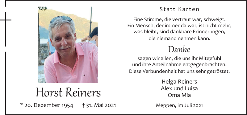  Traueranzeige für Horst Reiners vom 17.07.2021 aus Neue Osnabrücker Zeitung GmbH & Co. KG