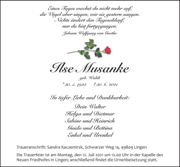 Traueranzeige von Ilse Musanke von Neue Osnabrücker Zeitung GmbH & Co. KG
