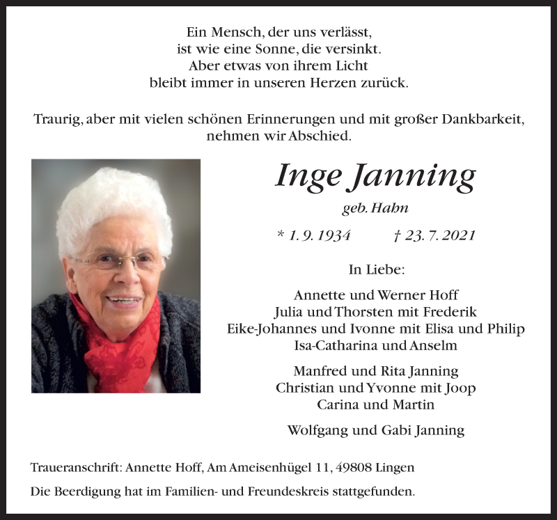 Traueranzeige für Inge Janning vom 31.07.2021 aus Neue Osnabrücker Zeitung GmbH & Co. KG