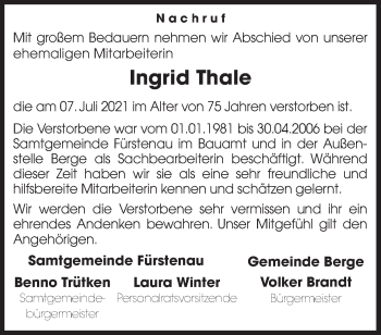 Traueranzeige von Ingrid Thale von Neue Osnabrücker Zeitung GmbH & Co. KG