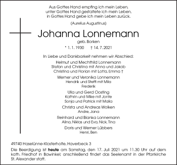 Traueranzeige von Johanna Lonnemann von Neue Osnabrücker Zeitung GmbH & Co. KG