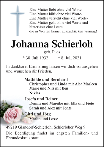 Traueranzeige von Johanna Schierloh von Neue Osnabrücker Zeitung GmbH & Co. KG